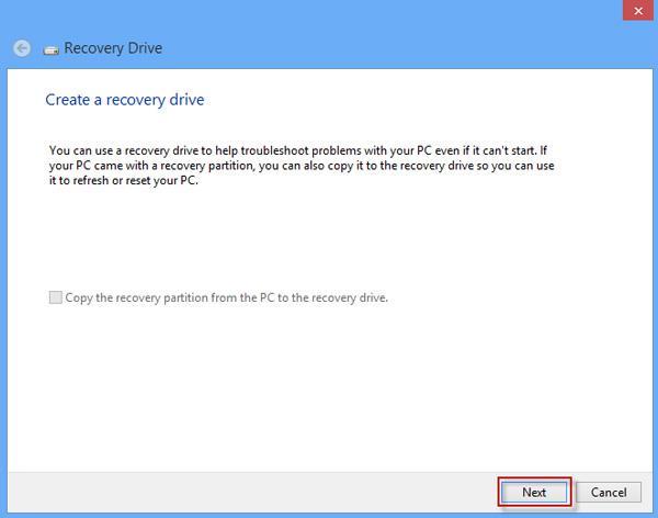 Recovery drive dialog